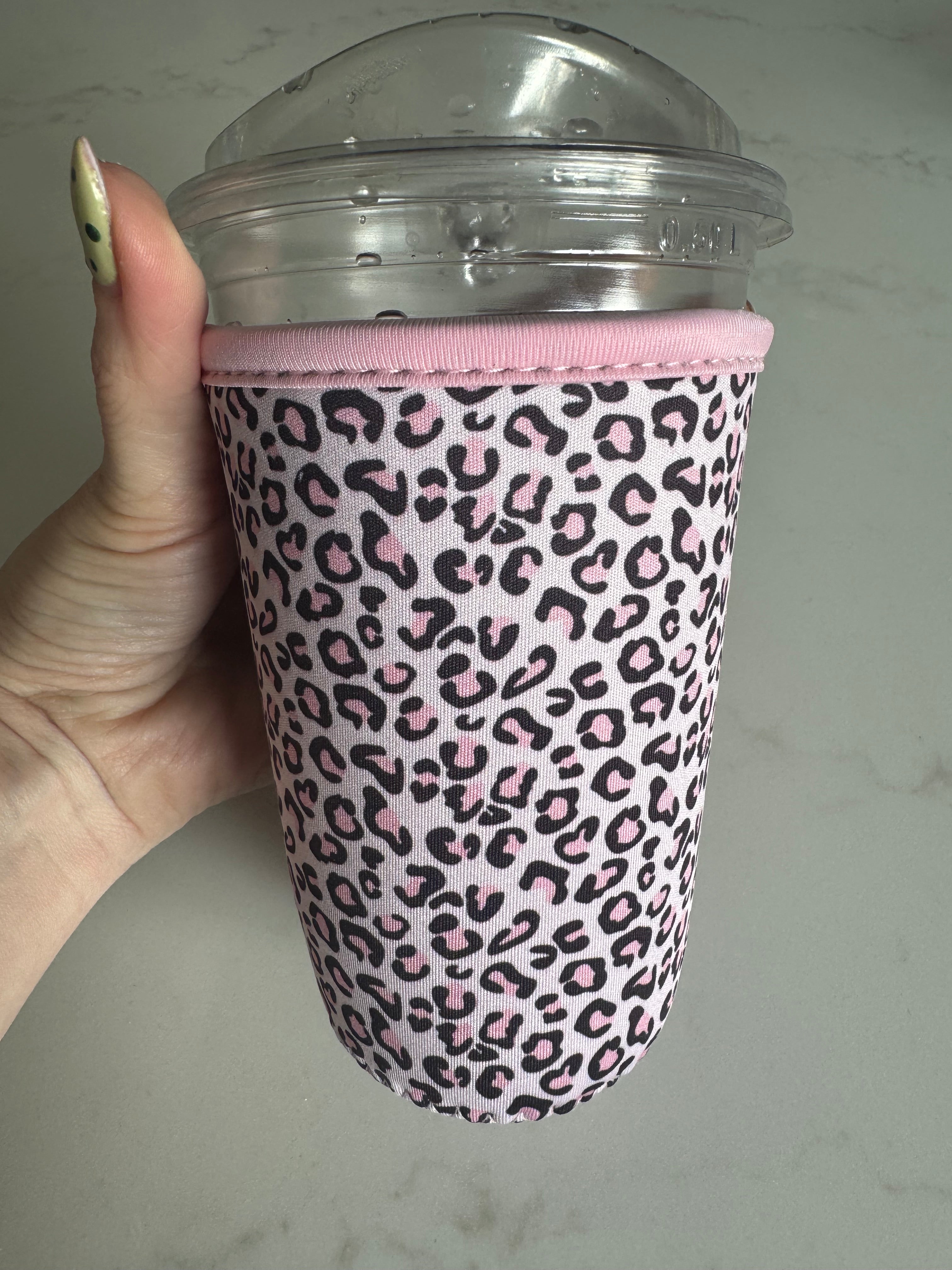 Reusable Iced Coffee Cup Sleeve Pink Leopard