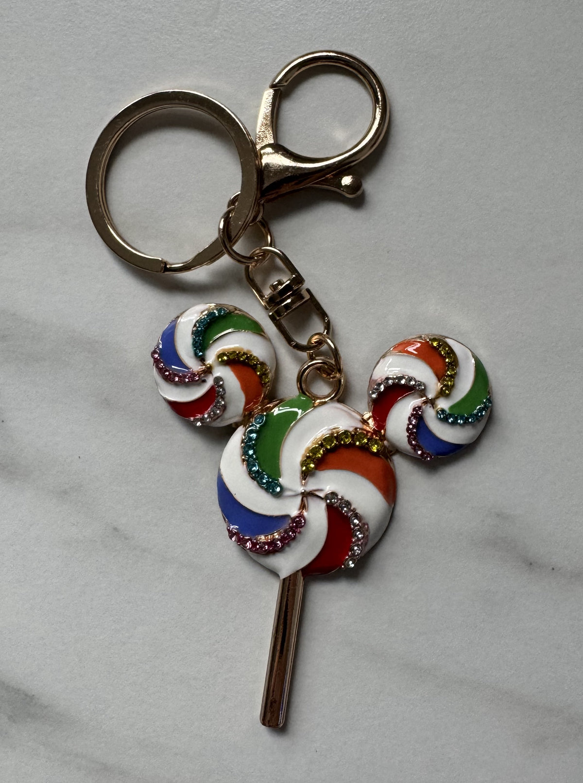 Rainbow Swirl Lollipop Mouse Keychain – Sparkly Theme Park Bag Charm