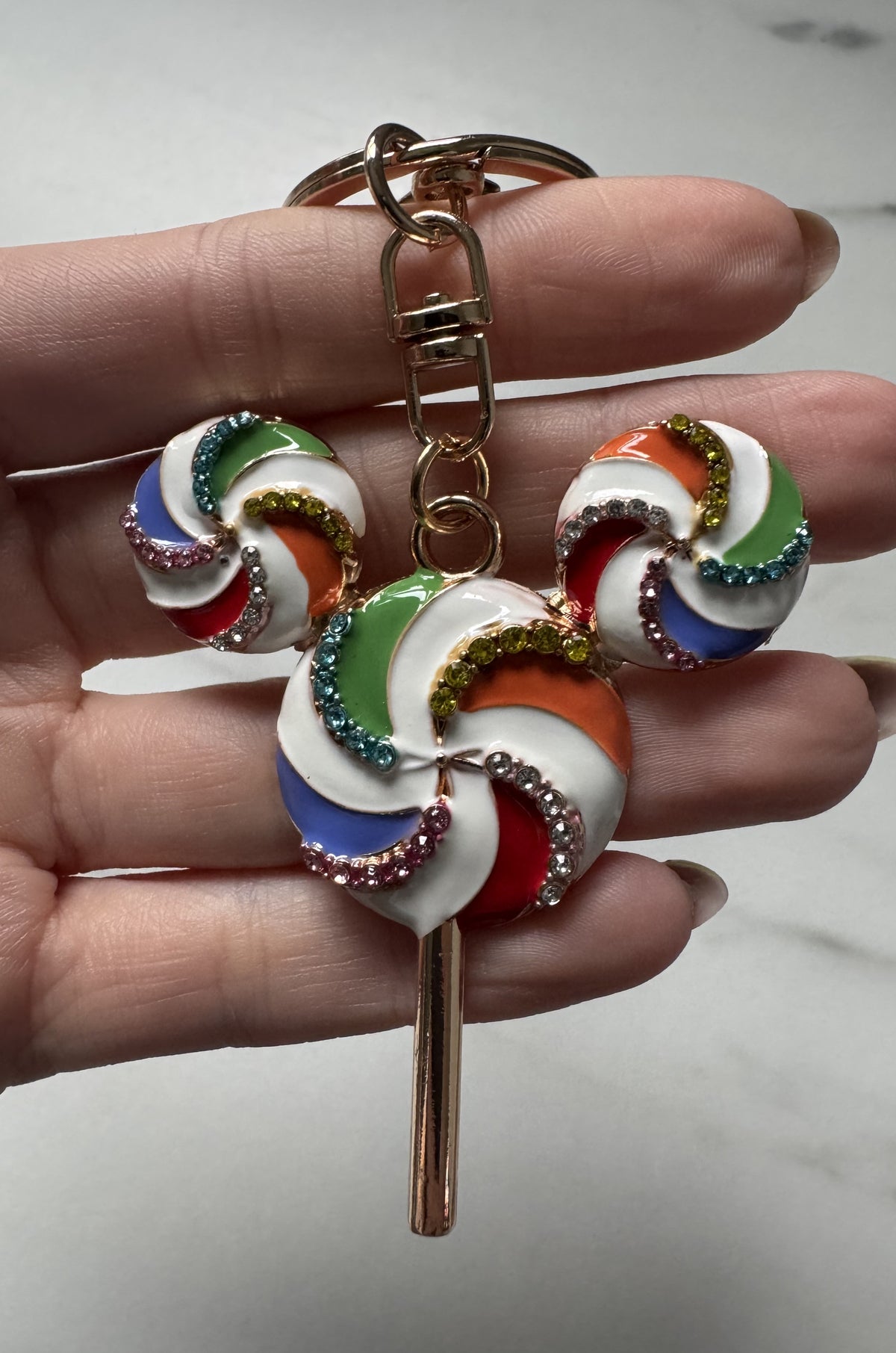 Rainbow Swirl Lollipop Mouse Keychain – Sparkly Theme Park Bag Charm
